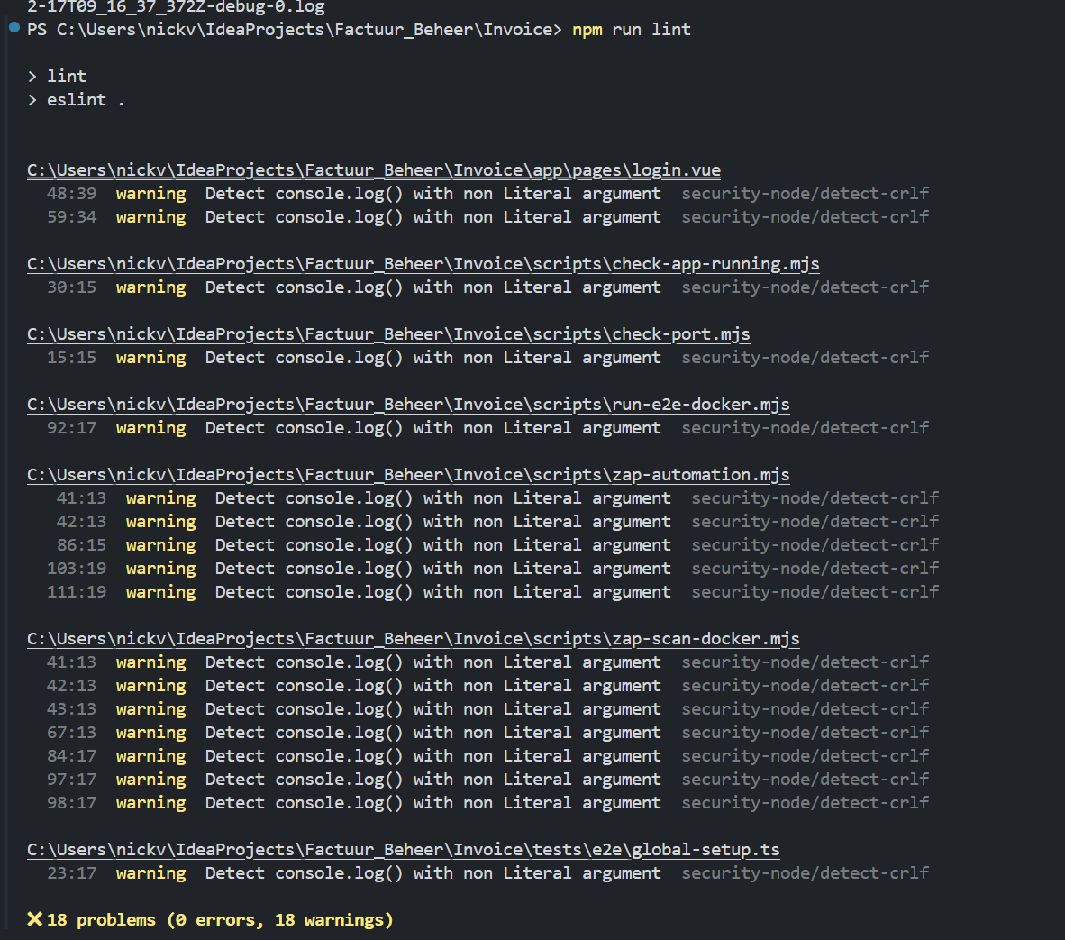 ESLint security waarschuwing